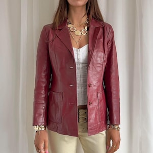 Blazer en cuir style années 90 pour femmes Bordeaux | Veste en cuir véritable souple en cuir d'agneau véritable Femme | Blazer western