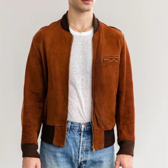 Men's Brown Suede Leather Bomber Jacket - 90s Vintage Style Men's Brown Suede Leather Bomber Jacket - 90s Vintage Style