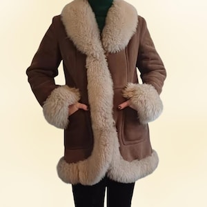 Women Penny Lane Coat Vintage 1970 Shearling Coat Bohemian Sheepskin Coat Long Fur Coat Toscana Fur Trim Trench Coat Afghan Winter Coat