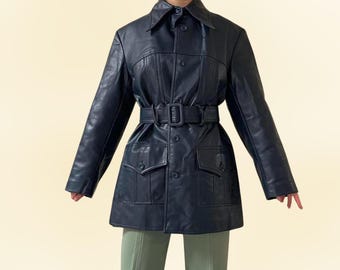 ヴィンテージベルシェイプレザーコート（ターコイズブルー