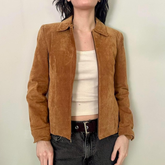 90s Women Slim Fit Suede Leather Bomber Jacket | Brown Western