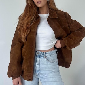 Blouson aviateur en cuir pour femme vintage des années 80 marron - veste en daim de style occidental - manteau en cuir daim pour femme