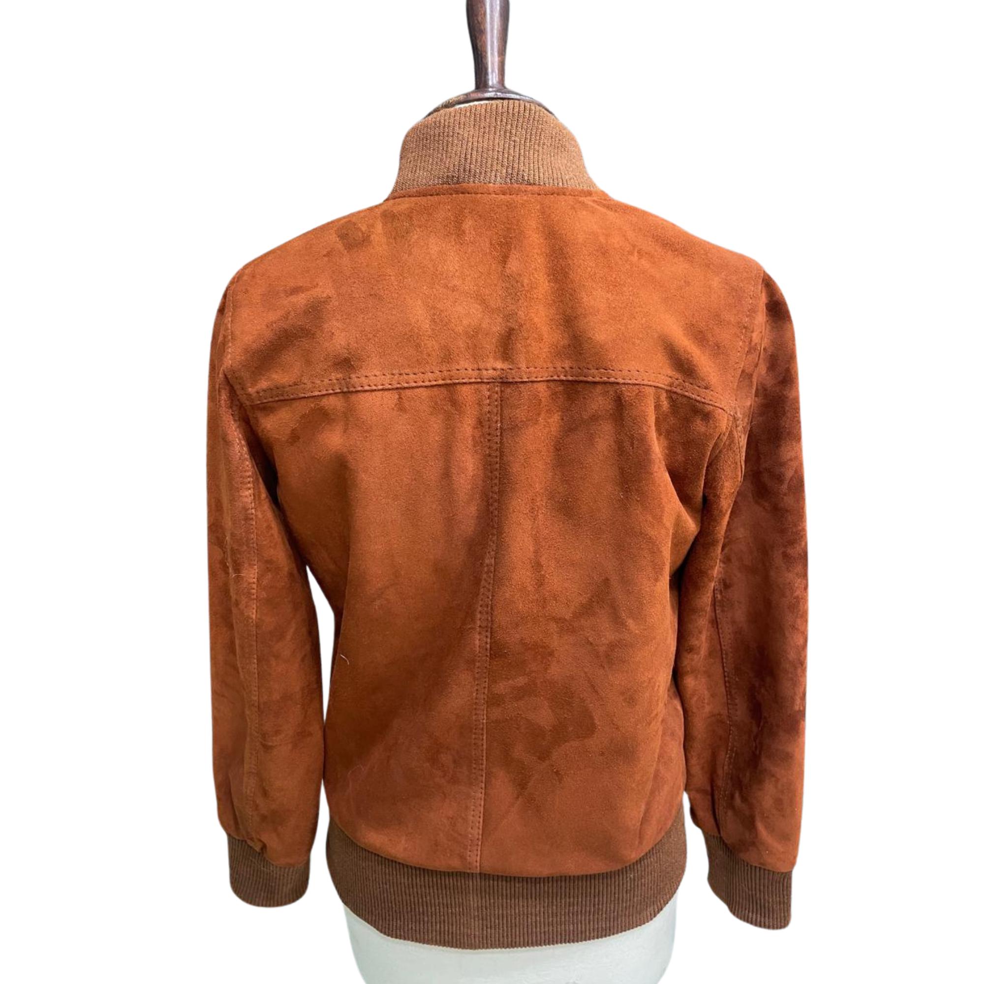 90s Women Suede Bomber Leather Jacket | Brown Genuine Suede