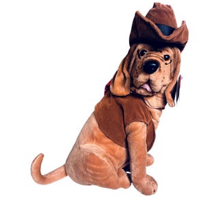 May include: A plush bloodhound dog toy featuring soft brown fur, long floppy ears, and a black nose. The stuffed animal is wearing a brown cowboy hat with a black band and a matching brown vest over its body, with a red patterned bandana around its neck.