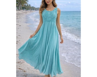 Soft Surroundings Maxi Dress XS Turquoise Aqua Boho Flowy Sleeveless Smocked