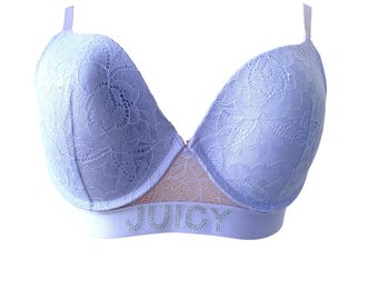 Juicy Couture Lace Bra 38C Lavender Logo Band Lightly Padded Underwire