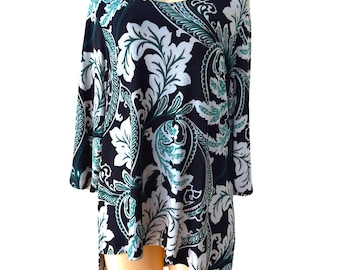 Túnica Chico's Travelers Tamanho 3G Preta com Estampa Paisley Assimétrica para Viagem