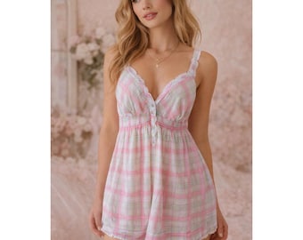 Camisola babydoll a cuadros de Victoria's Secret Angels, rosa bebé/azul/verde, talla L