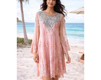 Vestido formal de encaje rosa con cuentas para madre de la novia, talla mediana, para invitada, RIYAZ SAHAAB