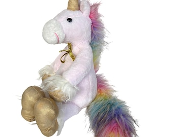 FAO Schwarz Plush Unicorn 19" Pink Rainbow Mane Gold Hooves Large Stuffed Animal