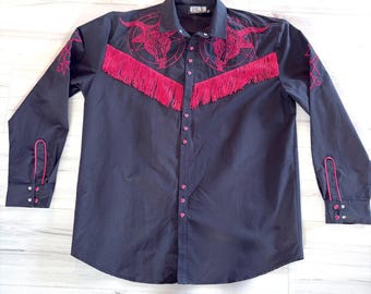 Western Evil Fringe Snap Shirt Black Red Occult Bull Embroidered Mens XL