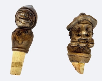 Vintage Hand Carved Wooden Figural Wine Bottle Stoppers Folk Art Set of 2