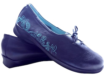 Aetrex Black Leather Embroidered Comfort Shoes Womens Lace Up Flats