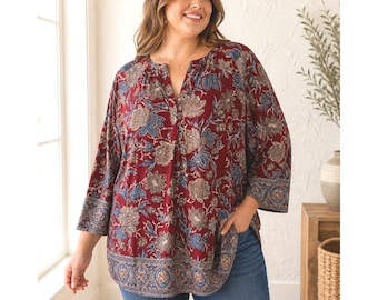 Top tunica floreale boho da donna Lucky Brand taglia 1X, rosso e blu, nuovo con etichette, blusa leggera