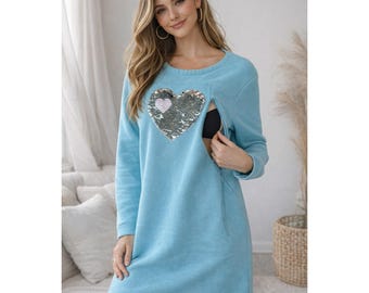 Yula Mama Nursing Dress Blue Sequin Heart Breastfeeding Sweatshirt Dress Medium