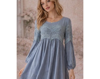 Aura Bella Blaue Spitze Babydoll Kleid Langarm Cottagecore Romantic S