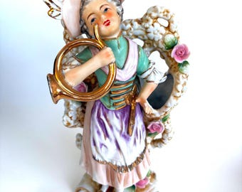 Vintage Porcelain Lady Figurine Capodimonte Style Woman w Horn Lace Dress