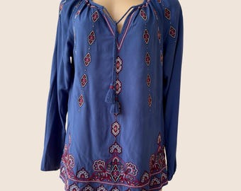 J Jill Tunic Top Womens XS Blue Embroidered Boho Peasant Tassel Made India