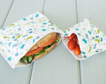 PLASTIC-FREE Blue Butterflies Sandwich and Snack Bags, Reusable, Organic Cotton, Eco Friendly - Set of 2