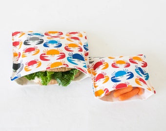 PLASTIC-FREE Colorful Crabs Sandwich and Snack Bags, Reusable, Organic Cotton, Eco Friendly - Set of 2