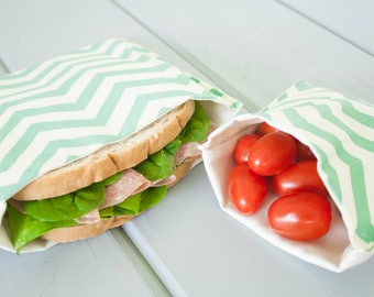 PLASTIC-FREE Sea Green Chevron Sandwich and Snack Bags, Reusable, Organic Cotton, Eco Friendly - Set of 2