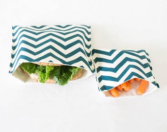 PLASTIC-FREE Teal Blue Chevron Sandwich and Snack Bags, Reusable, Organic Cotton, Eco Friendly - Set of 2