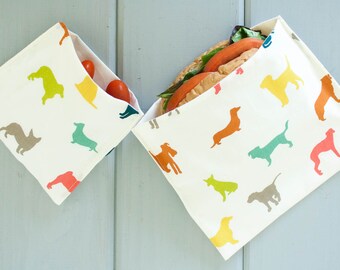 PLASTIC-FREE Colorful Puppy Dogs Sandwich and Snack Bags, Reusable, Organic Cotton, Eco Friendly - Set of 2