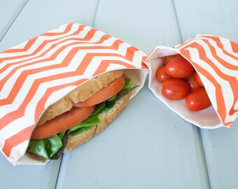 PLASTIC-FREE Coral Chevron Sandwich and Snack Bags, Reusable, Organic Cotton, Eco Friendly - Set of 2