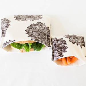 PLASTIC-FREE Brown Flower Sandwich and Snack Bags, Reusable, Organic Cotton, Eco Friendly - Set of 2