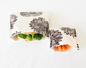 PLASTIC-FREE Brown Flower Sandwich and Snack Bags, Reusable, Organic Cotton, Eco Friendly - Set of 2