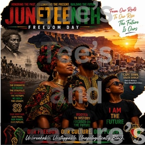 May include: Juneteenth Freedom Day graphic with a family looking up at a sunset over Cape Town, South Africa. The image includes text such as "Our Freedom, Our Culture, Our Future" and "I Am The Future."