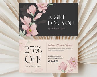 Plantilla de tarjeta de cupón, tarjeta promocional imprimible para pequeñas empresas, cupón de descuento editable, plantilla de tarjeta de regalo promocional de Canva, diseño floral