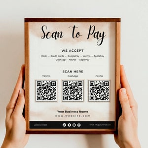 Scan To Pay-Vorlage, bearbeitbares Qr-Zeichen für kleine Unternehmen, druckbares Zeichen für die Zahlungsmethode