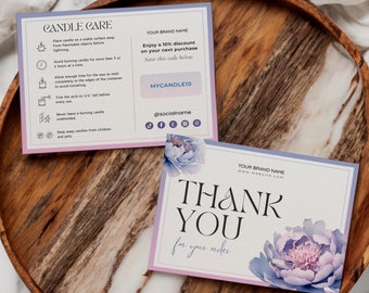 Tarjeta de cuidado de velas, plantilla editable de tarjeta de agradecimiento, tarjeta de agradecimiento para empresas de velas, tarjeta de seguridad de velas, instrucciones imprimibles para velas