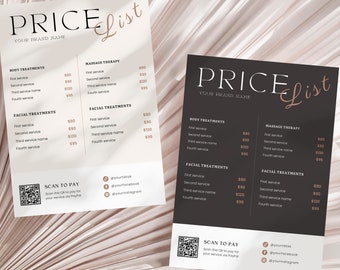 Plantilla de lista de precios Canva, hoja de precios de Scan To Pay Salon Editale, lista de precios estilo boho minimalista