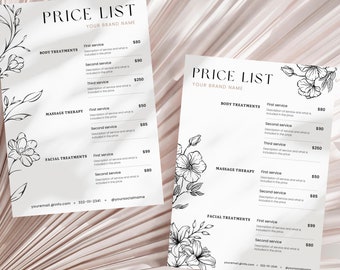 Plantilla de lista de precios Canva Bundle, hoja de precios de Salon Editale en 2 diseños, lista de precios estilo minimalista con flores