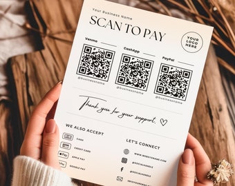 Plantilla de escaneo para pago, letrero QR editable para pequeñas empresas, letrero de método de pago imprimible, diseño minimalista