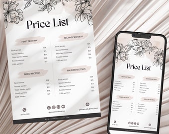 Plantilla de lista de precios, guía de precios editable para pequeñas empresas, hoja de precios de salón imprimible