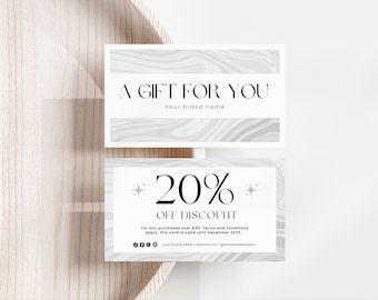 Plantilla de tarjeta de cupón, cupón de descuento editable, tarjeta promocional imprimible para pequeñas empresas, plantilla de Canva para tarjeta de regalo promocional, diseño de mármol