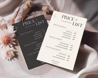 Plantilla de lista de precios Canva, hoja de precios de Salon Editale, lista de precios estilo boho minimalista