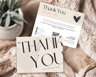 Plantilla de tarjeta de agradecimiento para pequeñas empresas, plantilla imprimible de agradecimiento por su pedido, tarjeta insertable editable para paquete