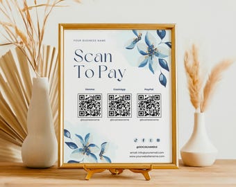 Plantilla de escaneo para pago, letrero QR editable para pequeñas empresas, letrero de método de pago imprimible, flores azules