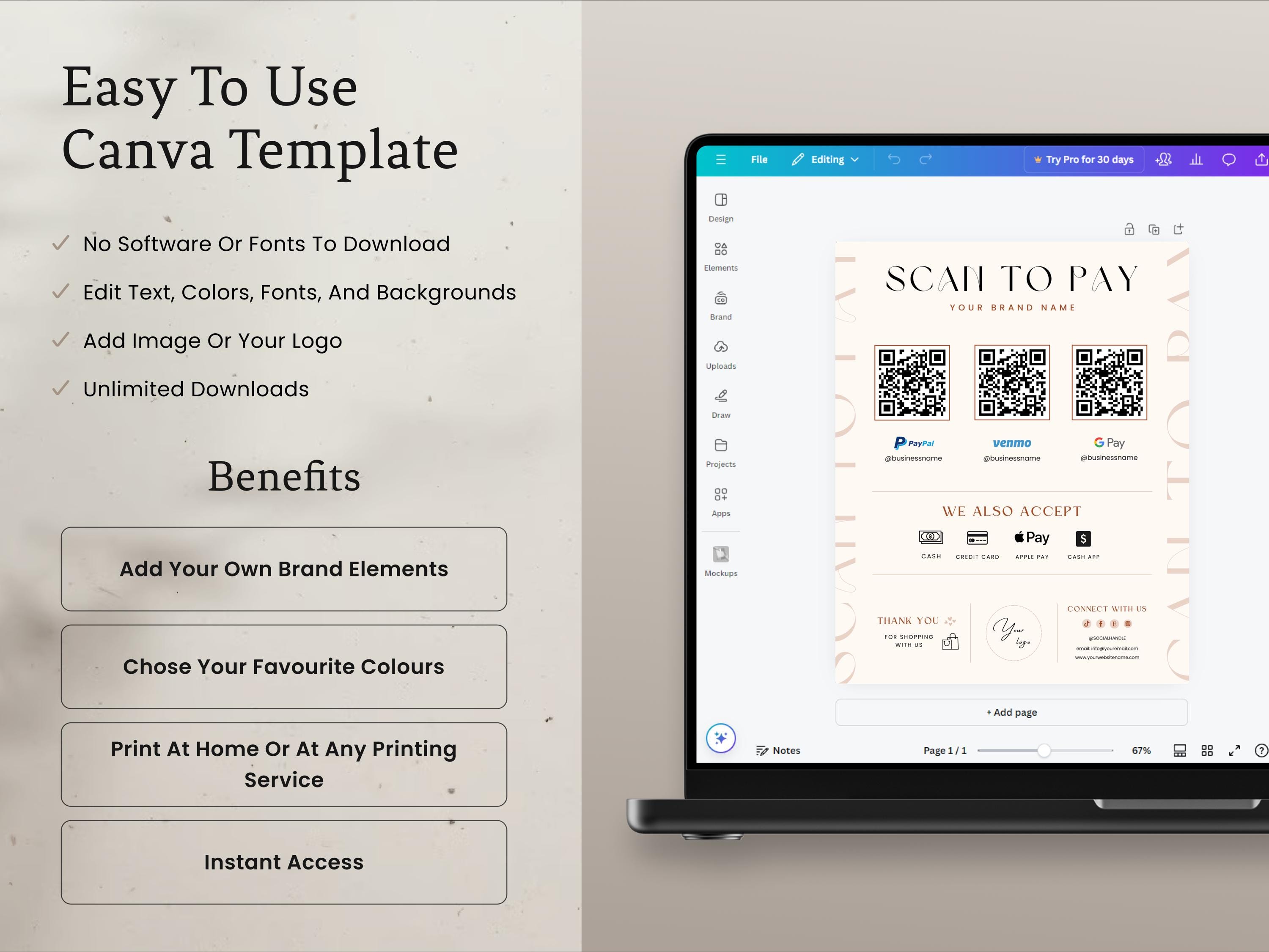 Editable Qr Permit Scan Scan to Pay Template, Editable QR Code Sign, Printable Small Business ...