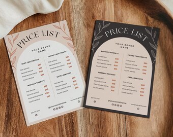 Plantilla de lista de precios, hoja de precios de Salon Editale, lista de precios de Canva estilo boho minimalista