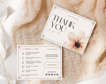 Tarjeta de cuidado de velas, plantilla editable de tarjeta de agradecimiento, tarjeta de seguridad de velas, tarjeta de agradecimiento para negocios de velas, instrucciones para velas imprimibles