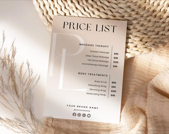 Plantilla de lista de precios para pequeñas empresas, hoja de precios de salón imprimible, plantilla de Canva editable de precios de salón de belleza