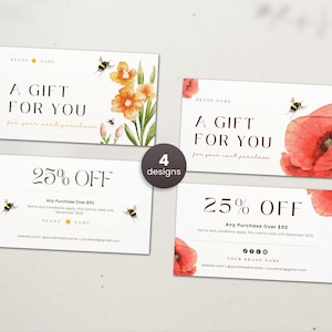 Modelo de Cartão de Cupom, Voucher de Desconto Editável, Cartão Promocional para Pequenas Empresas para Imprimir, Modelo de Cartão-Presente Promocional Canva, 4 Designs de Flores