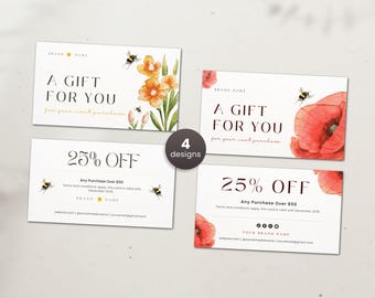Plantilla de tarjeta de cupón, cupón de descuento editable, tarjeta promocional imprimible para pequeñas empresas, plantilla de Canva para tarjeta de regalo promocional, 4 diseños florales