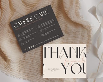 Tarjeta moderna para el cuidado de velas, plantilla minimalista de tarjeta de agradecimiento, suministros para negocios de velas, instrucciones imprimibles para la tarjeta de cuidado, plantilla editable