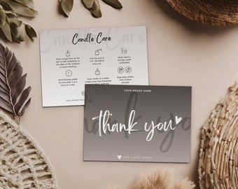 Plantilla de tarjeta de cuidado de velas, tarjeta de agradecimiento de negocios de velas, plantilla de cuidado de velas imprimible, tarjeta de agradecimiento editable para paquete de velas